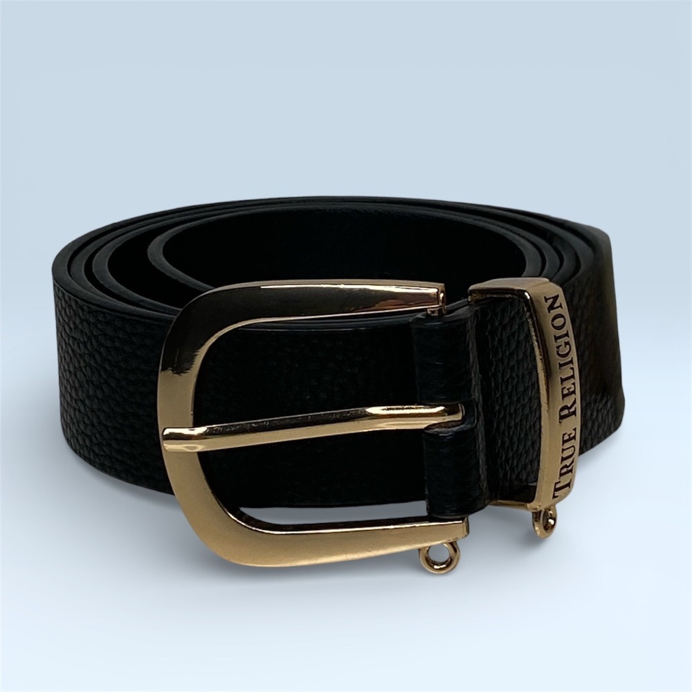 True Religion Textured Vegan Leather Black Belt Gold Buckle Women's Size 38